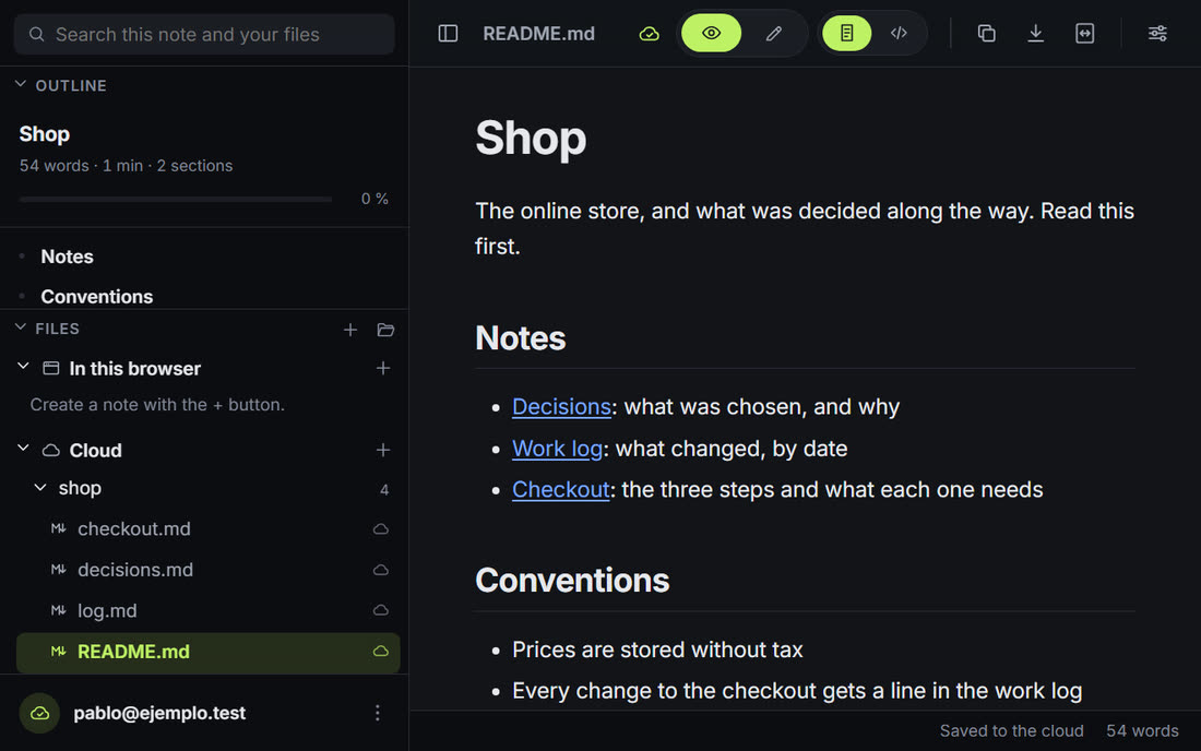 A project folder in the cloud with an index note that links to the decisions and the work log