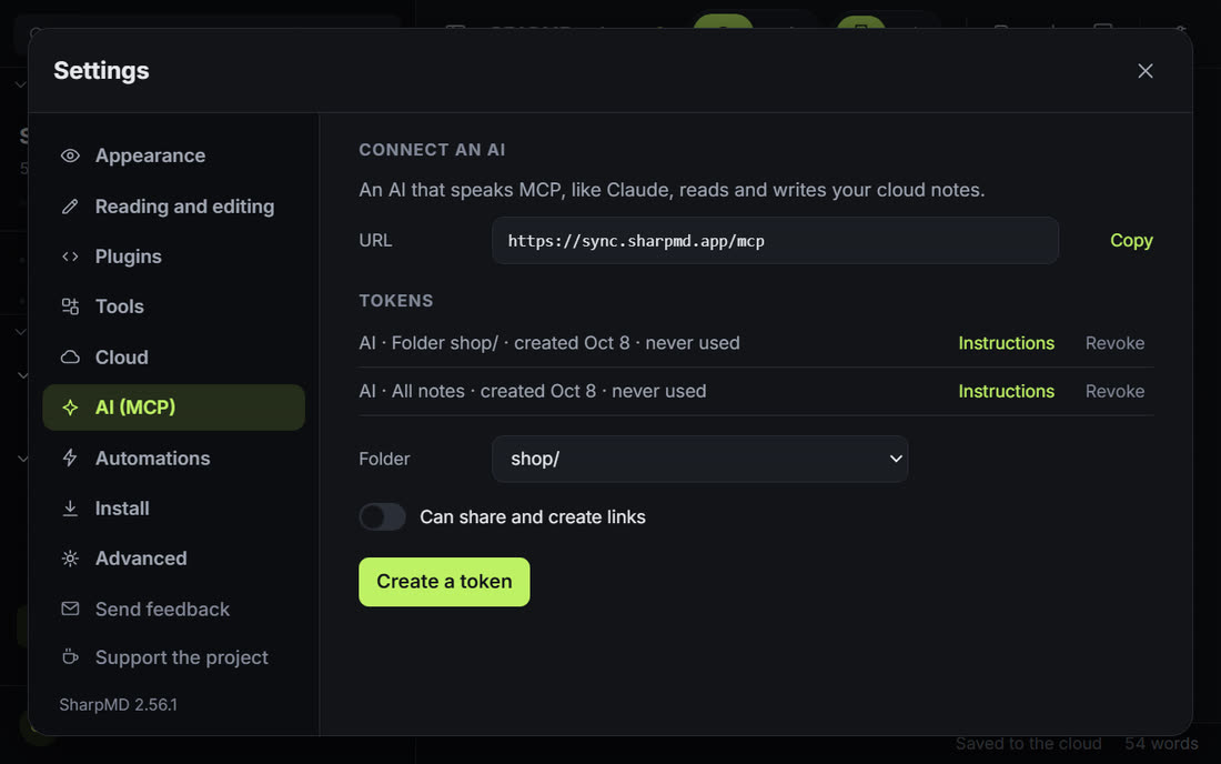 Settings, AI: a token limited to one folder, next to one that reaches every note