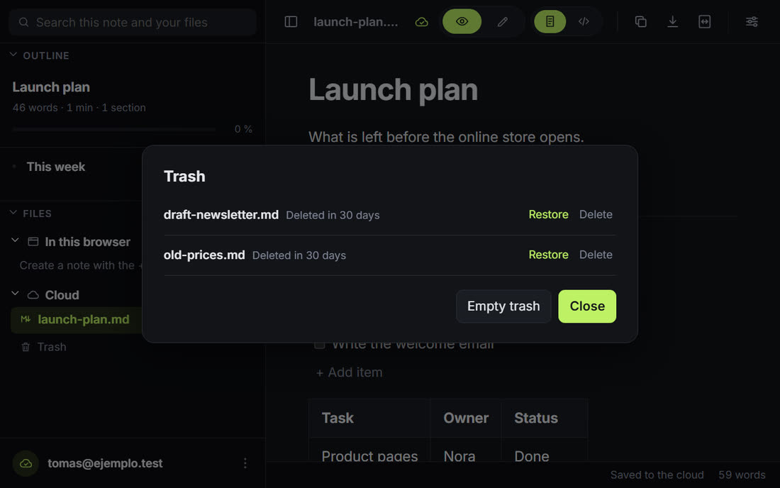 The trash of the cloud: a deleted note with its Restore button