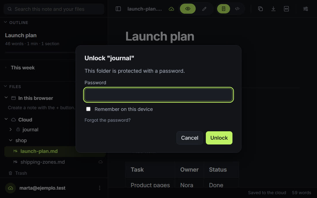The sidebar with a protected folder marked with a lock, and the box that asks for its password